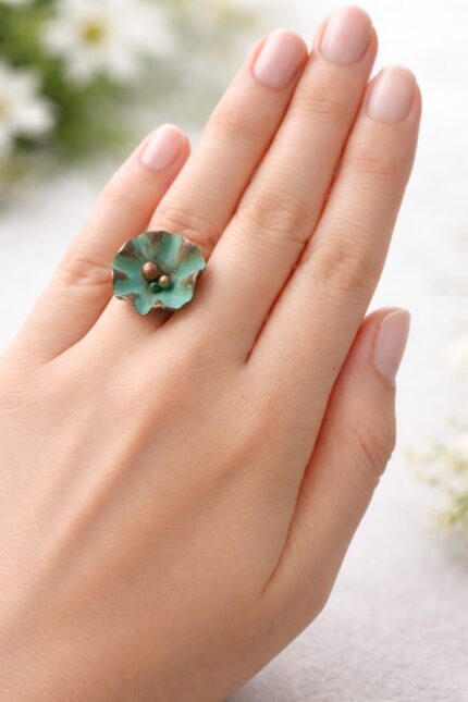 Handcrafted Copper Patina Ring - Flower